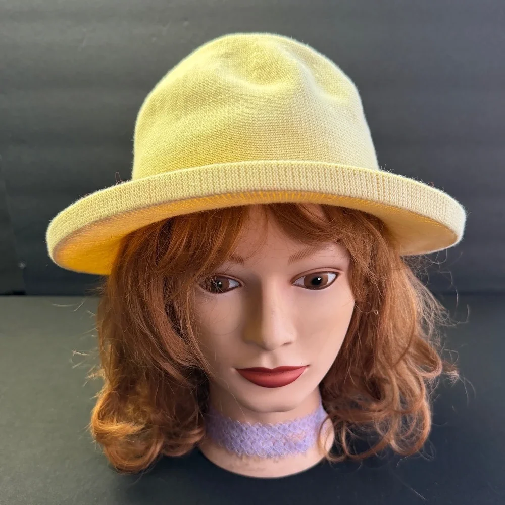 Vintage Style Yellow Cotton Knit Bucket Hat One Size Packable Sun Beach Boho Hat